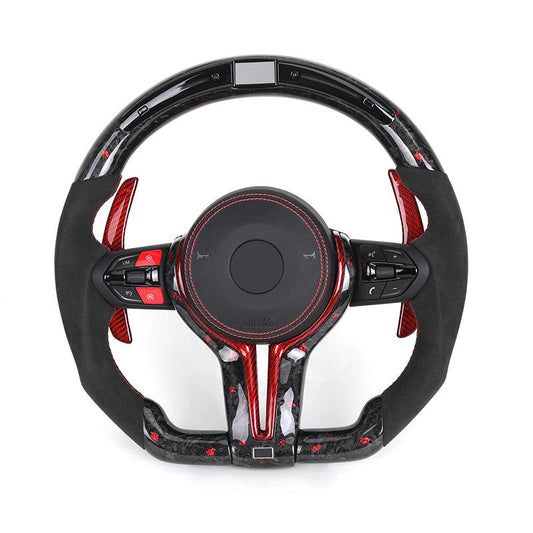 With LED Display Half Alcantara Red Forged Carbon Steering Wheel for BMW F10 F20 F30 F32 F36 F80 M3 F82 M4 M2 F87 M5 F90 E90 E92 - Hailed Inc.