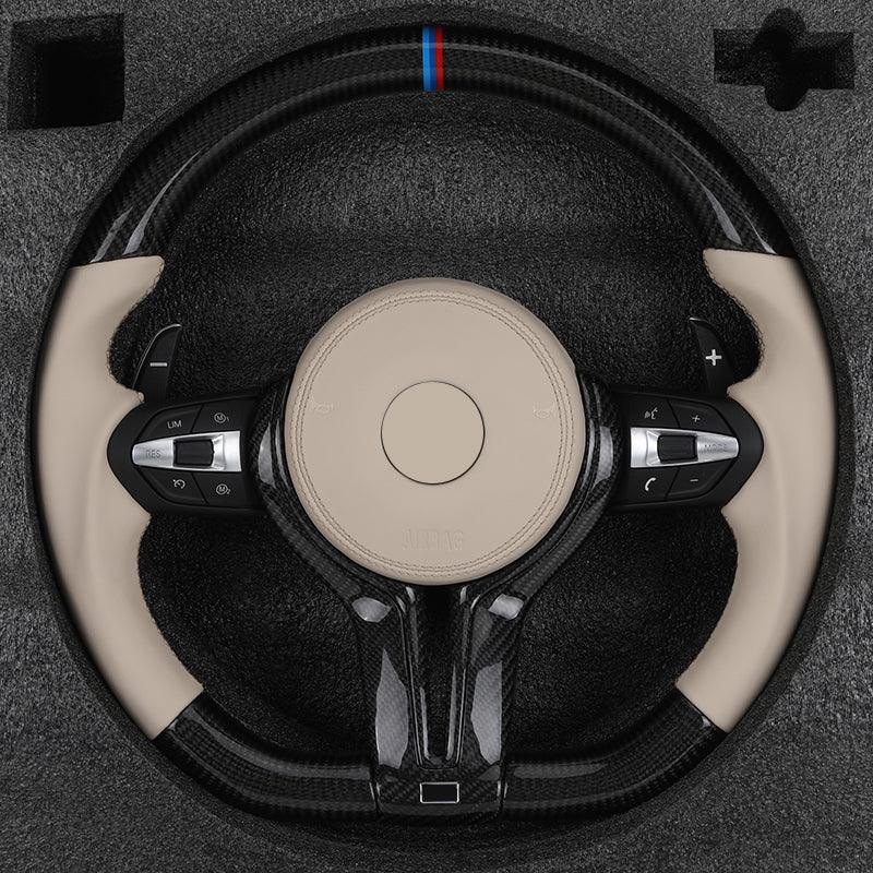 Custom Half Leather Carbon Fibre Steering Wheel for BMW F10 F30 F11 F26 F32 F80 F82 F90 F92 E70 E71 X5 F15 E60 E90 E93 Z4 E89 - Hailed Inc.