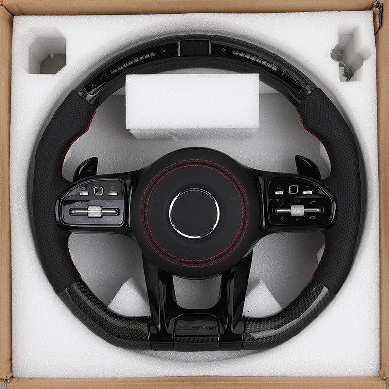 Half Perforated Leather Carbon LED Steering Wheel for Mercedes Benz W213 W205 206 W222 GLC X253 C253 CLA W117 CLA45 S63 C63 AMG - Hailed Inc.