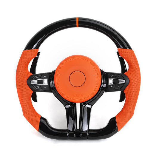 Orange Color Leather Piano Black Carbon Fiber Steering Wheel for BMW F01 F10 F20 F30 F32 F36 X5 F15 F25 F80 F82 F85 F87 F90 E90 - Hailed Inc.