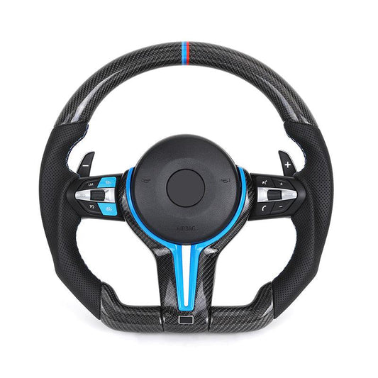 With Blue M1 M2 Button Carbon Trim Insert Carbon Steering Wheel for BMW F10 F20 F30 F32 M3 F80 M4 F82 M5 F90 X5 E70 E87 E90 E92 - Hailed Inc.