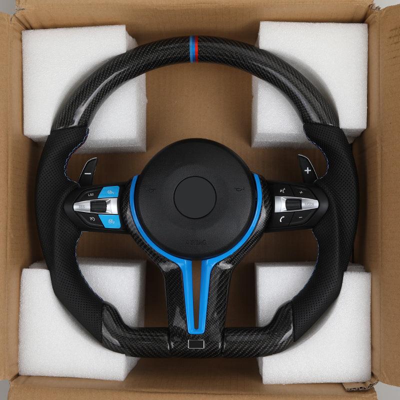 With Blue M1 M2 Button Carbon Trim Insert Carbon Steering Wheel for BMW F10 F20 F30 F32 M3 F80 M4 F82 M5 F90 X5 E70 E87 E90 E92 - Hailed Inc.