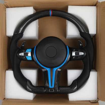 With Blue M1 M2 Button Carbon Trim Insert Carbon Steering Wheel for BMW F10 F20 F30 F32 M3 F80 M4 F82 M5 F90 X5 E70 E87 E90 E92 - Hailed Inc.