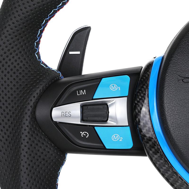 With Blue M1 M2 Button Carbon Trim Insert Carbon Steering Wheel for BMW F10 F20 F30 F32 M3 F80 M4 F82 M5 F90 X5 E70 E87 E90 E92 - Hailed Inc.