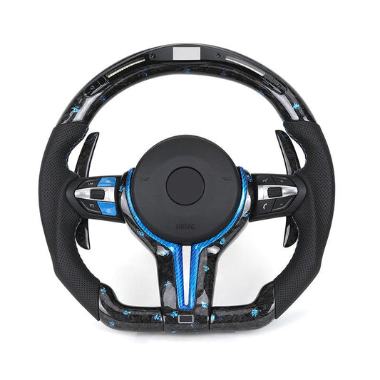 With Blue M1 M2 Button Forged Carbon Trim LED M Sport Steering Wheel for BMW F10 M5 F30 M3 F80 M4 F82 X6 F16 Z4 E89 E90 E91 E92 - Hailed Inc.