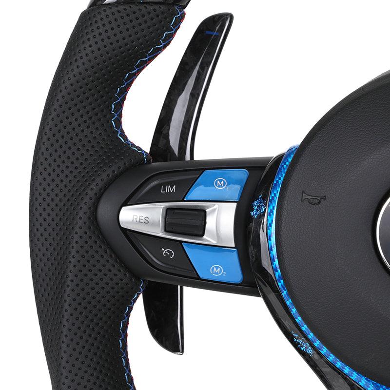 With Blue M1 M2 Button Forged Carbon Trim LED M Sport Steering Wheel for BMW F10 M5 F30 M3 F80 M4 F82 X6 F16 Z4 E89 E90 E91 E92 - Hailed Inc.