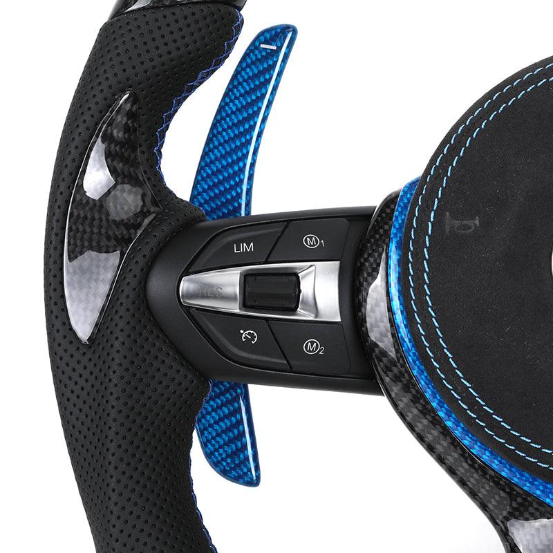 With Blue Shifter Paddle Insert Trim Leather Carbon M Sport Steering Wheel for BMW F10 F30 M3 F80 M4 F82 M5 F90 M8 F92 X3M F97 - Hailed Inc.