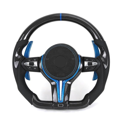 With Blue Shifter Paddle Insert Trim Leather Carbon M Sport Steering Wheel for BMW F10 F30 M3 F80 M4 F82 M5 F90 M8 F92 X3M F97 - Hailed Inc.