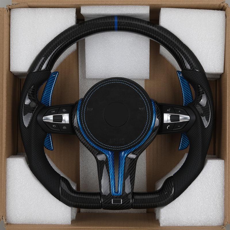 With Blue Shifter Paddle Insert Trim Leather Carbon M Sport Steering Wheel for BMW F10 F30 M3 F80 M4 F82 M5 F90 M8 F92 X3M F97 - Hailed Inc.