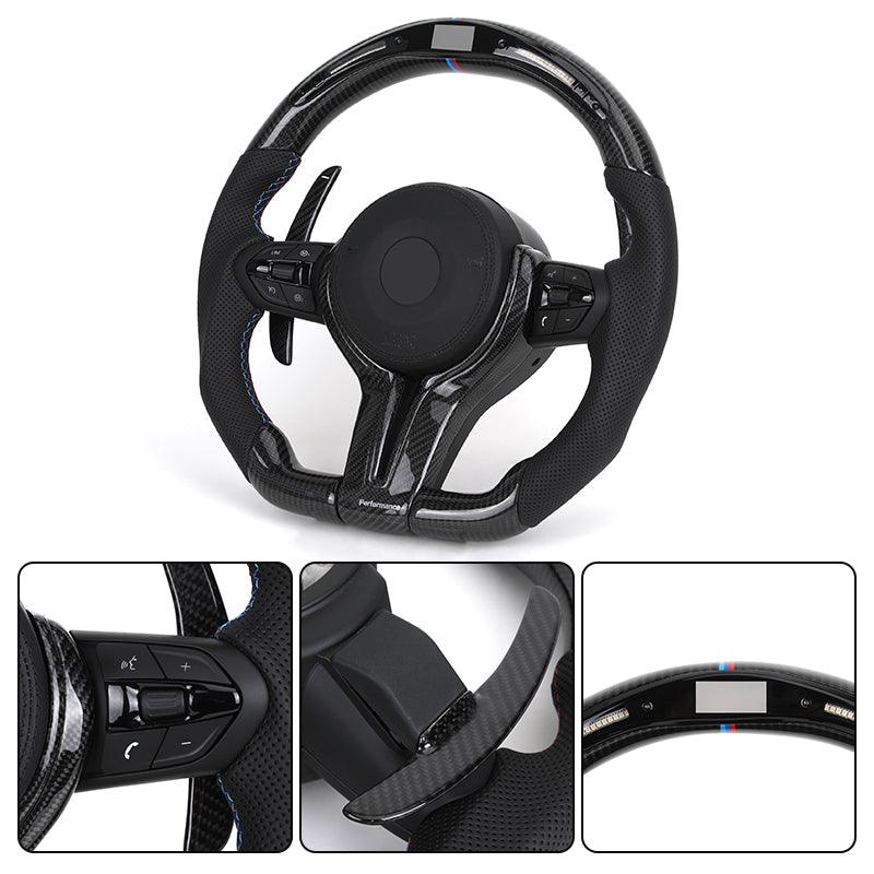 With Carbon Trim Paddle Half Perforated Leather Carbon LED Steering Wheel for BMW F10 F30 F32 F36 F80 M4 F82 X5 F15 E70 X6 E71 - Hailed Inc.