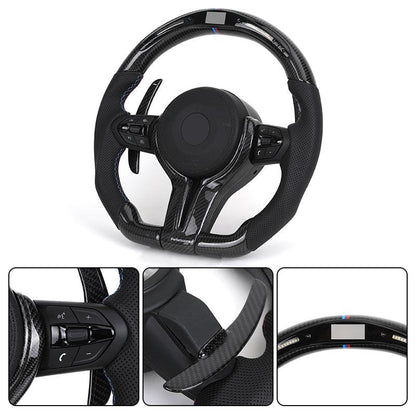 With Carbon Trim Paddle Half Perforated Leather Carbon LED Steering Wheel for BMW F10 F30 F32 F36 F80 M4 F82 X5 F15 E70 X6 E71 - Hailed Inc.