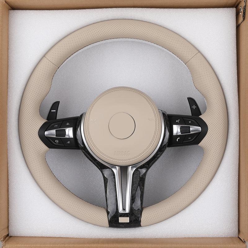 With Forged Carbon Trim Apricot Color Leather M Sport Steering Wheel for BMW F01 F06 F10 F11 F12 F15 F16 F20 F30 E90 E84 F80 M3 - Hailed Inc.
