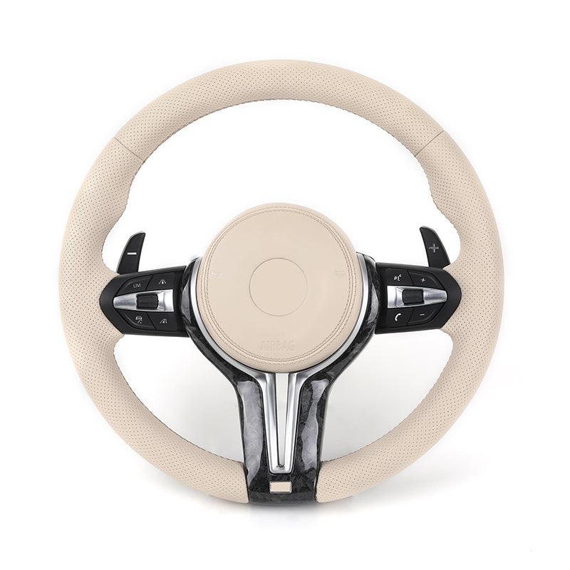 With Forged Carbon Trim Apricot Color Leather M Sport Steering Wheel for BMW F01 F06 F10 F11 F12 F15 F16 F20 F30 E90 E84 F80 M3 - Hailed Inc.