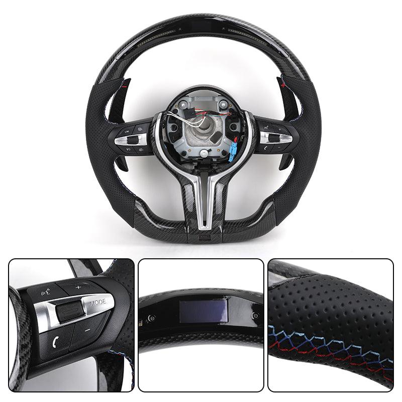 With Led Display Carbon Fiber Shift Paddle Leather M Steering Wheel for BMW F10 F30 X5 E70 E71 E60 E46 E92 E90 M3 M5 M6 - Hailed Inc.