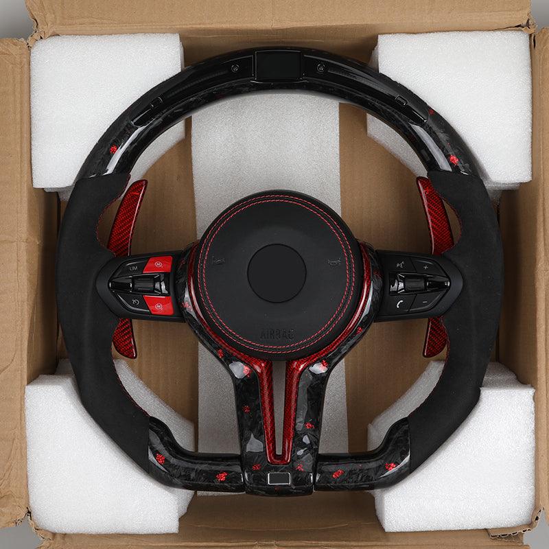 With LED Display Half Alcantara Red Forged Carbon Steering Wheel for BMW F10 F20 F30 F32 F36 F80 M3 F82 M4 M2 F87 M5 F90 E90 E92 - Hailed Inc.