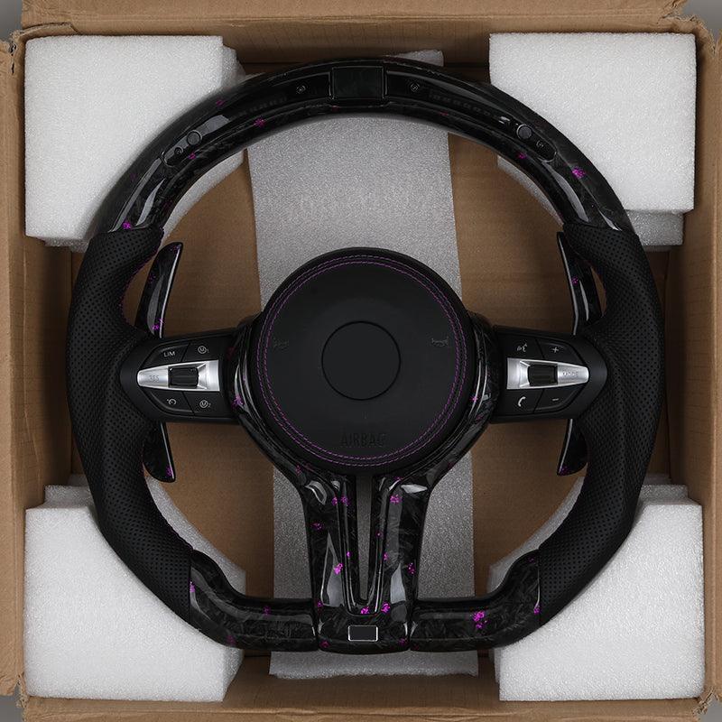 With LED Display Purple Leather Forged Carbon Fiber Steering Wheel for BMW F10 F30 F32 M3 F80 M4 F82 M5 F90 X5M F85 E90 E92 E93 - Hailed Inc.