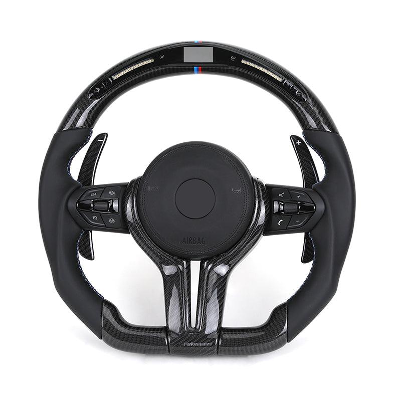 With M Trip Carbon Trim Paddle M Performance Half Leather Carbon LED Steering Wheel for BMW F10 F11 F20 F30 M4 F82 E60 E90 E92 - Hailed Inc.