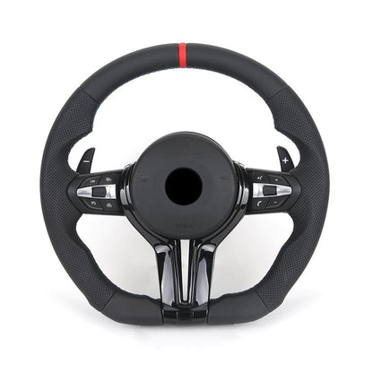 With Piano - black Trim Flat Bottom Half Perforated Leather Steering Wheel for BMW F10 F20 F30 F06 F22 M3 F80 M4 F82 X5 E70 E90 - Hailed Inc.