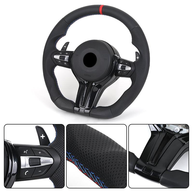 With Piano - black Trim Flat Bottom Half Perforated Leather Steering Wheel for BMW F10 F20 F30 F06 F22 M3 F80 M4 F82 X5 E70 E90 - Hailed Inc.