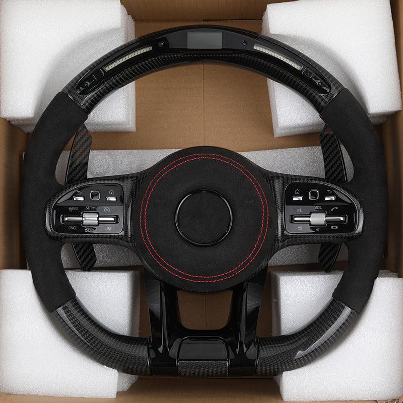 With Piano Black Trim Half Alcantara Carbon LED Steering Wheel for Mercedes Benz W204 W205 W213 W211 W221 X166 GLC X253 G63 AMG - Hailed Inc.