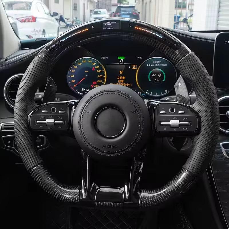 With Piano Black Trim Half Perforated Leather Carbon LED Steering Wheel for Mercedes W204 W205 C180 W221 W222 W213 C43 C63 AMG - Hailed Inc.