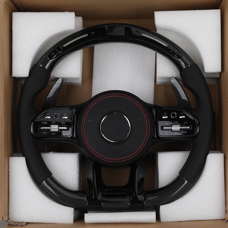 With Piano Black Trim Half Perforated Leather Carbon LED Steering Wheel for Mercedes W204 W205 C180 W221 W222 W213 C43 C63 AMG - Hailed Inc.