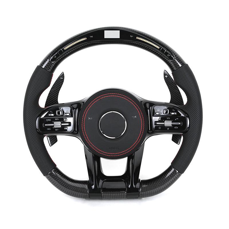 With Piano Black Trim Half Perforated Leather Carbon LED Steering Wheel for Mercedes W204 W205 C180 W221 W222 W213 C43 C63 AMG - Hailed Inc.