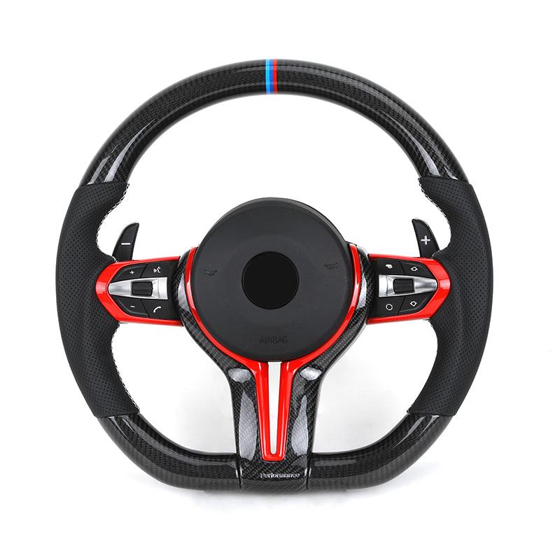 With Red Insert Trim Half Leather Carbon Steering Wheel for BMW F Series F10 F20 F30 F32 M3 F80 M5 F90 X5 F15 E70 E87 E90 E92 - Hailed Inc.