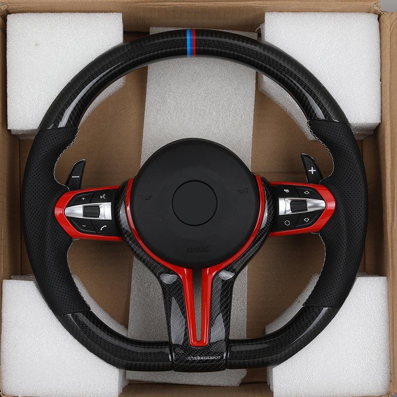 With Red Insert Trim Half Leather Carbon Steering Wheel for BMW F Series F10 F20 F30 F32 M3 F80 M5 F90 X5 F15 E70 E87 E90 E92 - Hailed Inc.