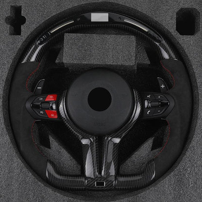 With Red M1 M2 Button Half Alcantara Carbon LED Steering Wheel for BMW 5 Series F10 F30 F01 E90 E60 E46 M3 F32 E39 E82 E87 E92 - Hailed Inc.