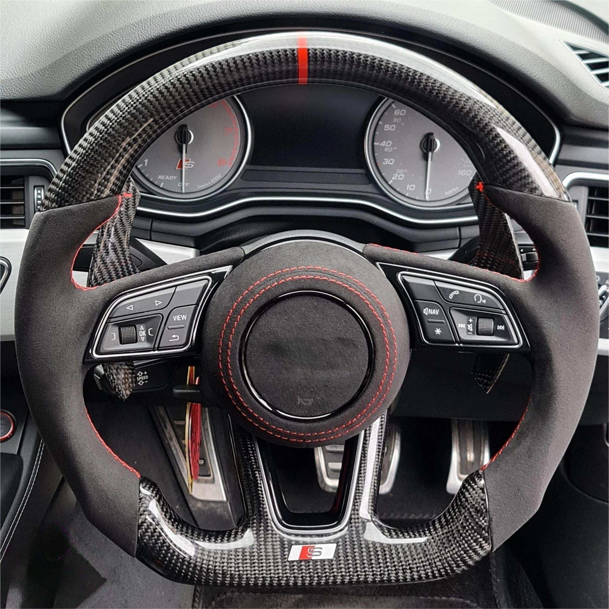 With Start Button S - Line Half Alcantara Carbon Steering Wheel for Audi Q8 SQ8 A3 A4 B9 A5 B8 A6 C7 A7 S3 S4 RS3 RS5 RS7 RS6 C8 - Hailed Inc.